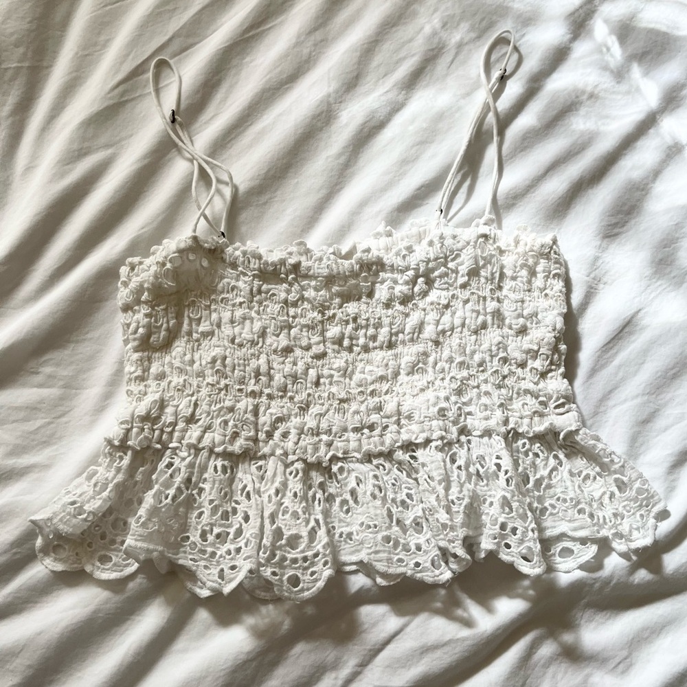 Free People White Eyelet Lace Smocked Women Top
